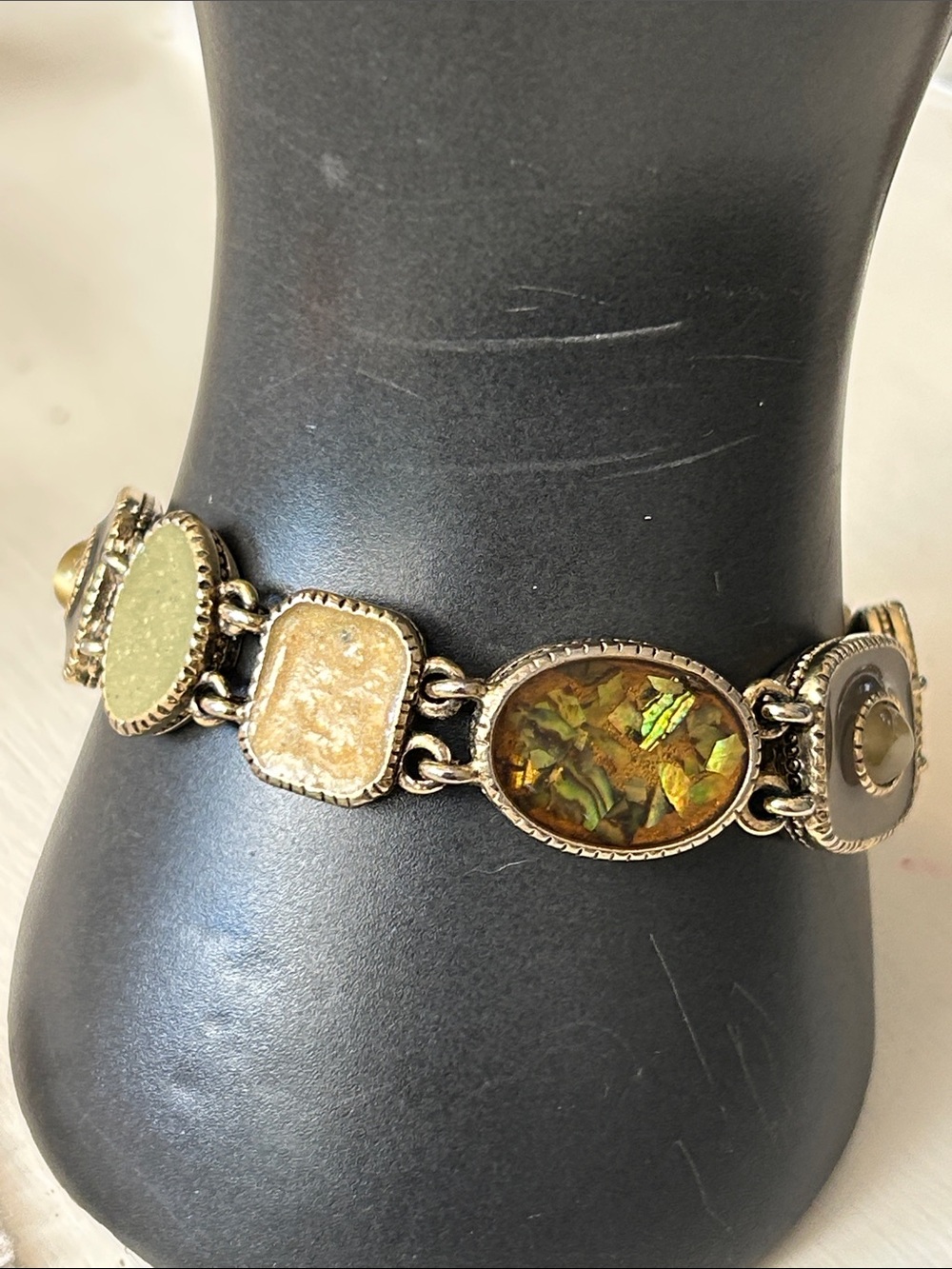 Gold tone enamel green/yellow/brown bracelet
